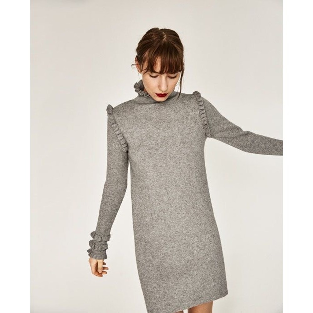RD Style Ruffle Mock Neck Sweater Dress in Heathered Taupe | Size Small